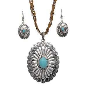 Long Turquoise Concho Braided Necklace Earring Set
